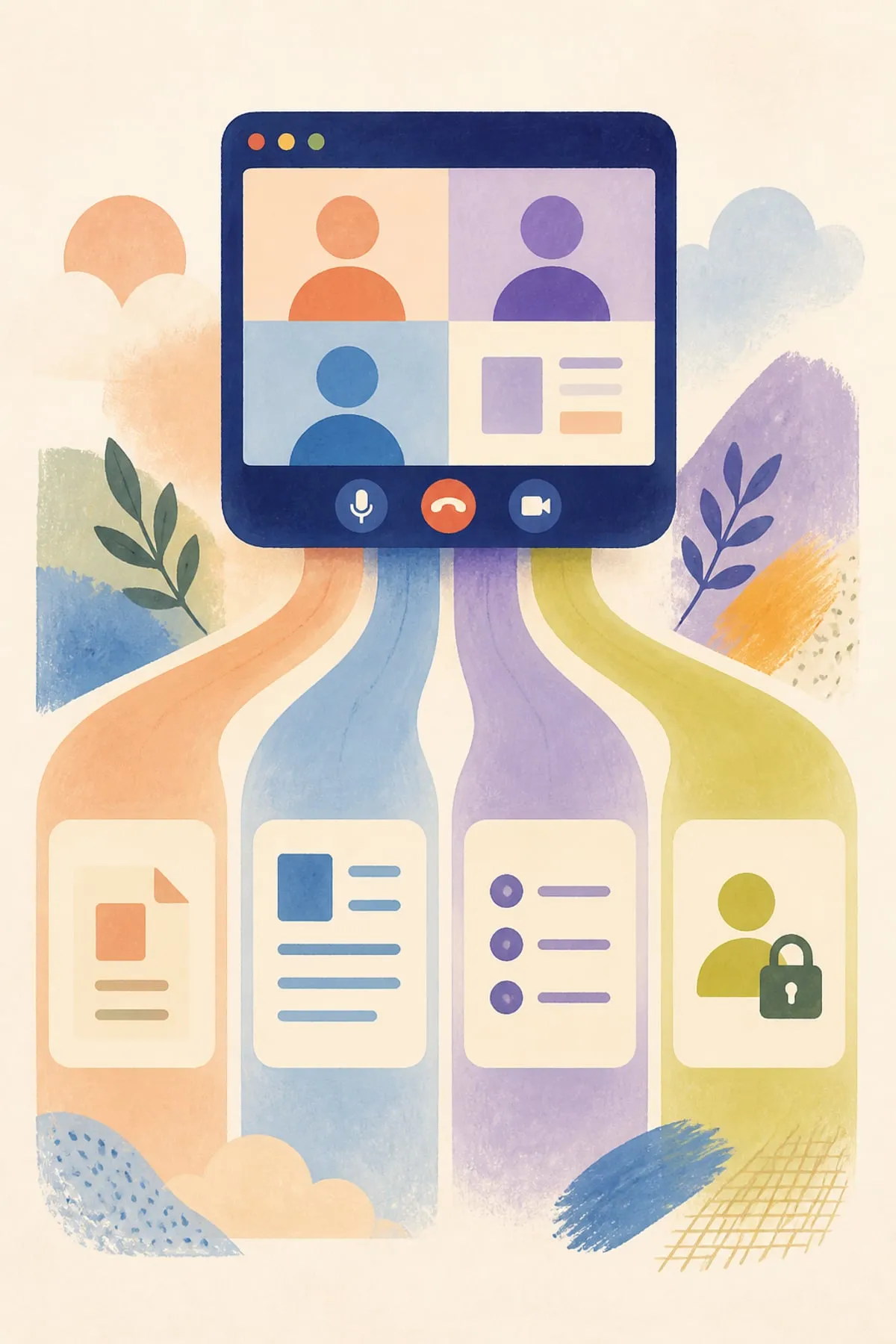 Vertical stylized editorial illustration of a video-call window flowing into four labeled lanes for document, summary, tasks, and permissions; bold geometric shapes, navy and elect