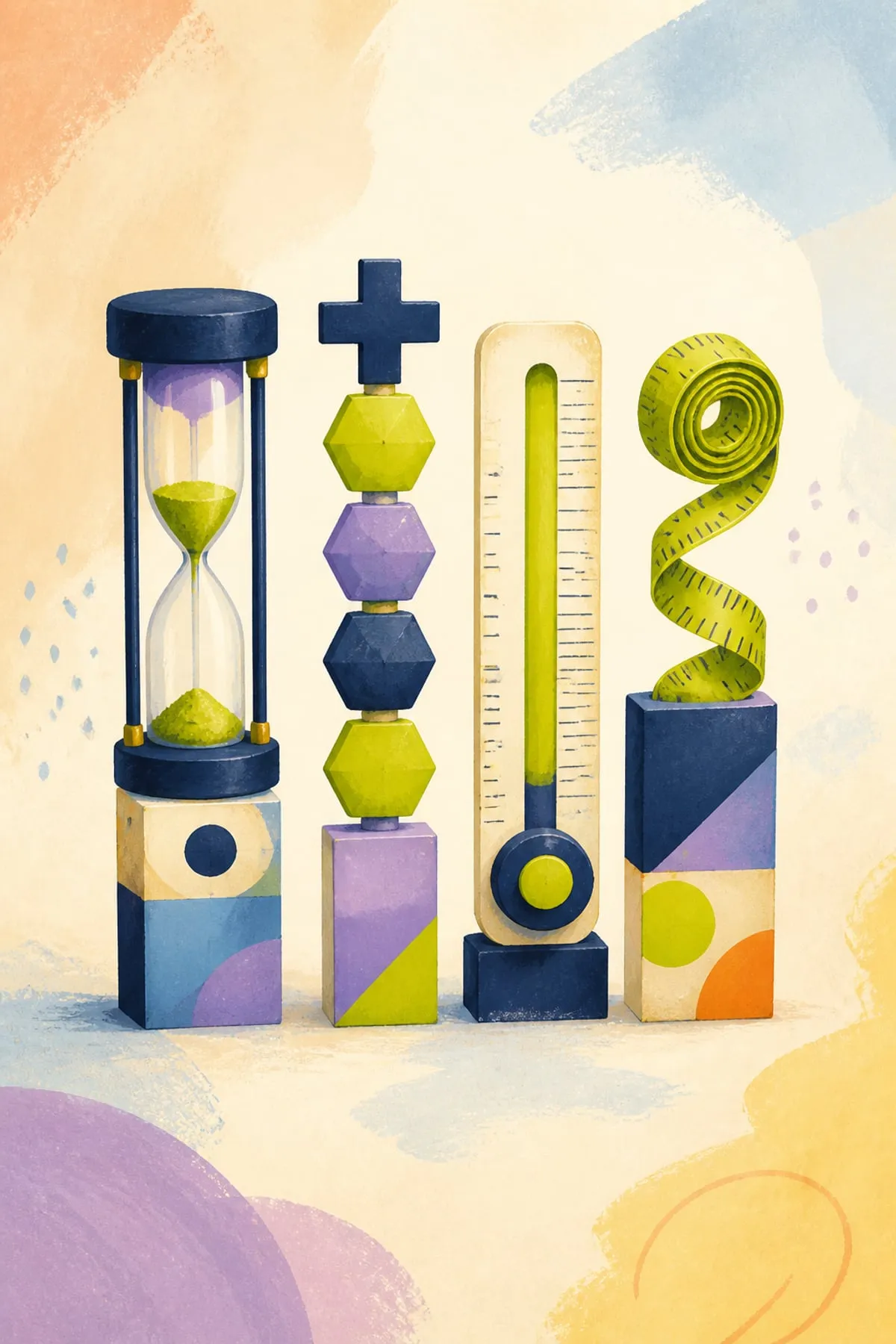 Vertical stylized editorial illustration of four mismatched measuring tools labeled sessions, multipliers, credits and bundles, bold geometric shapes, Lezzwork navy and electric-li