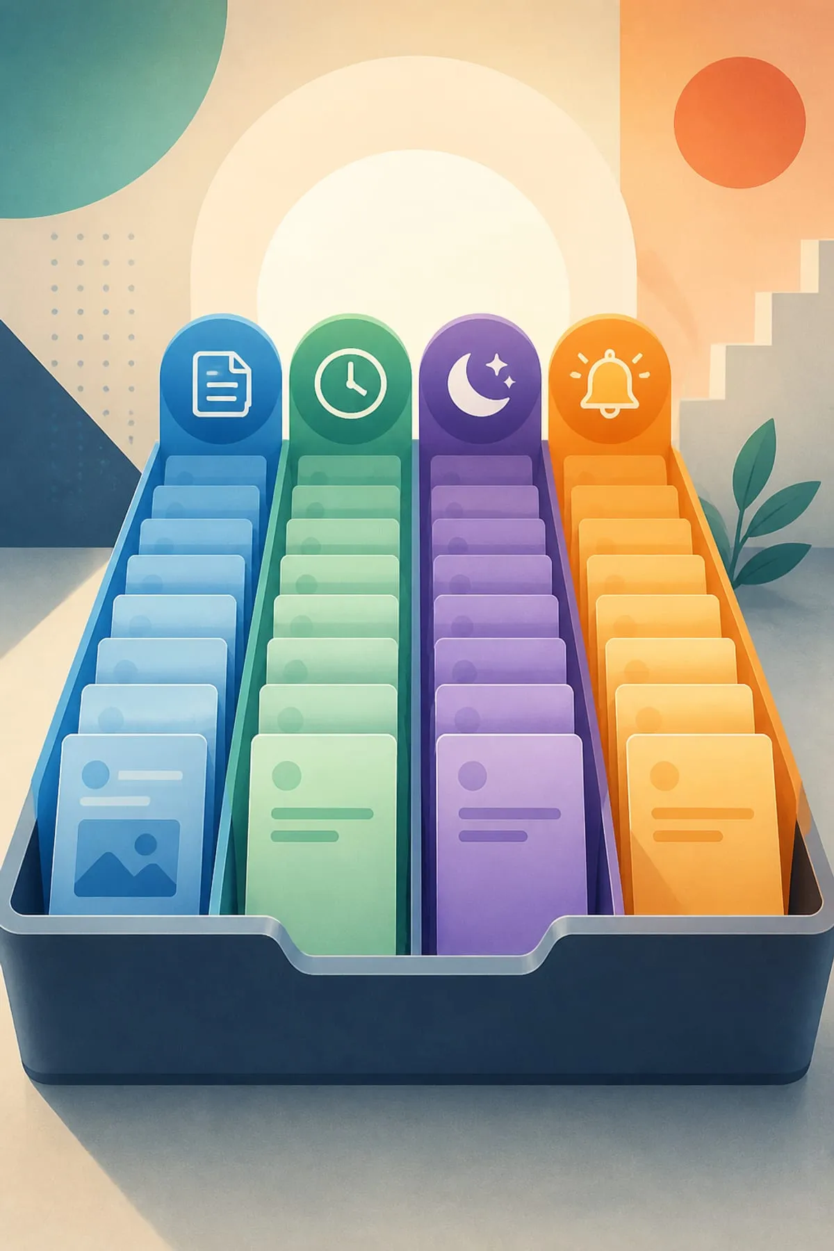 Illustration of an inbox tray divided into four colour-coded lanes with template, clock, moon and bell icons