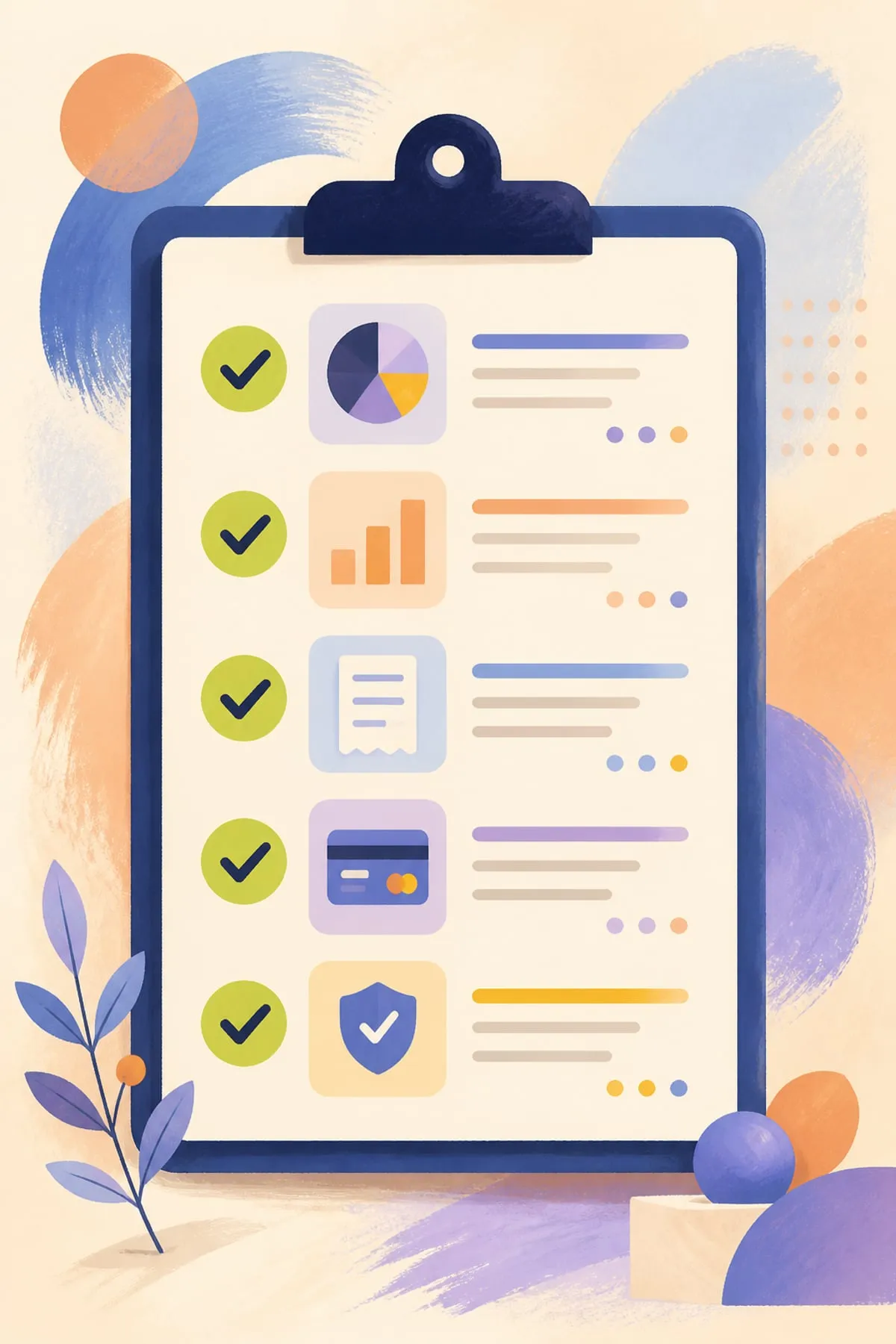 Vertical 9:16 stylized editorial illustration of a SaaS billing dashboard transformed into a five-item audit checklist, bold geometric shapes, navy and electric lime palette, no lo